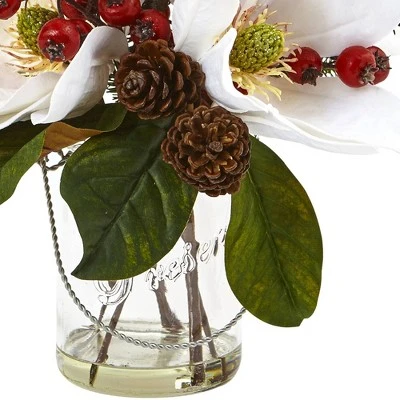 Magnolia, Pine, and Berry Holiday Arrangement in Glass Vase - Nearly Natural 4 Magnolia, Pine, and Berry Holiday Arrangement in Glass Vase - Nearly Natural - Image 2