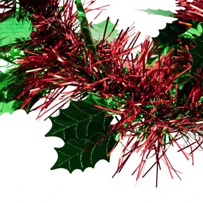 Northlight 12' x 4" Unlit Shiny Red Tinsel with Green Holly Leaves Christmas Garland 6 Northlight 12' x 4" Unlit Shiny Red Tinsel with Green Holly Leaves Christmas Garland - Image 4