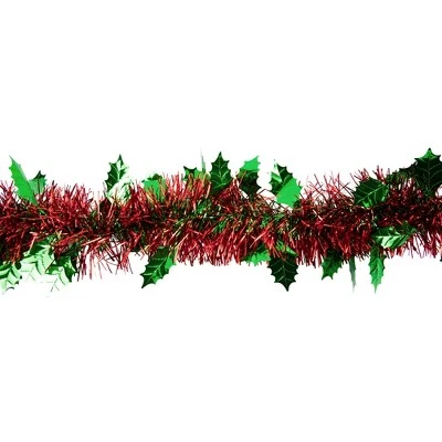 Northlight 12' x 4" Unlit Shiny Red Tinsel with Green Holly Leaves Christmas Garland 4 Northlight 12' x 4" Unlit Shiny Red Tinsel with Green Holly Leaves Christmas Garland - Image 2