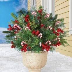 Collections Etc. Collections Etc 3-Piece Festive Candy Cane and Frosted Pine Bushes Set 9 X 9 X 17.5