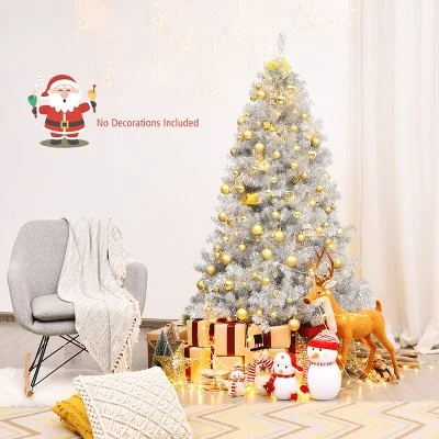 Tangkula 6Ft Hinged Artificial Silver Tinsel Christmas Tree with Metal Stand 4 Tangkula 6Ft Hinged Artificial Silver Tinsel Christmas Tree with Metal Stand - Image 2