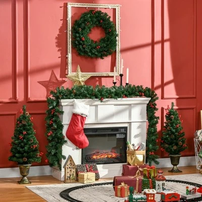 HOMCOM Prelit Holiday Christmas 4-Piece Set, Garland Wreath and Set of 2 Entrance Trees with Warm White LED Lights, Red Berries, Pine Cones, Green 6 HOMCOM Prelit Holiday Christmas 4-Piece Set, Garland Wreath and Set of 2 Entrance Trees with Warm White LED Lights, Red Berries, Pine Cones, Green - Image 4