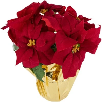 Northlight 16" Red Artificial Christmas Poinsettia Arrangement with Gold Wrapped Pot 3 Northlight 16" Red Artificial Christmas Poinsettia Arrangement with Gold Wrapped Pot - Image 2