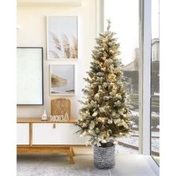 LuxenHome 5.6Ft Pre-Lit LED Artificial Slim Fir Christmas Tree with Pot