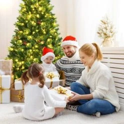 Tangkula Pre-Lit Christmas Spruce Tree Hinged Artificial Tree, Party Decoration w/ Tips, Lights, Pine Cones -Outlet Xmas Decor Tree Store GUEST a2e9fac1 665d 433a b92b 2df6d3512267