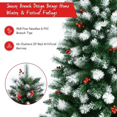 Costway 6ft Unlit Hinged Artificial Christmas Tree w/Snow Flocked Tips and Red Berries 10 Costway 6ft Unlit Hinged Artificial Christmas Tree w/Snow Flocked Tips and Red Berries - Image 8