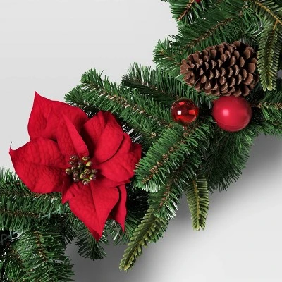 6' Mixed Greenery with Poinsettia Flowers Decorated Artificial Christmas Garland - Wondershop™ 4 6' Mixed Greenery with Poinsettia Flowers Decorated Artificial Christmas Garland - Wondershop™ - Image 2