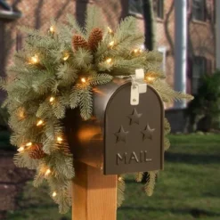 National Tree Company 36" Frosted Arctic Spruce Mailbox Swag with Battery Operated Warm White LED Lights