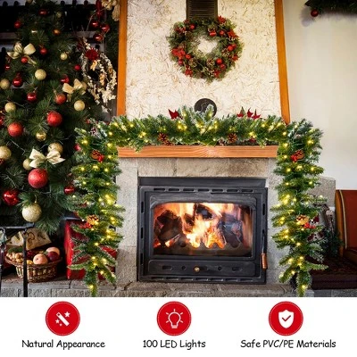 Costway 9Ft Pre-lit Artificial Christmas Garland Red Berries w/ 100 LED Lights & Timer 7 Costway 9Ft Pre-lit Artificial Christmas Garland Red Berries w/ 100 LED Lights & Timer - Image 5