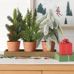 3pc Potted Mixed Greenery Christmas Artificial Plant in Wood Tray Green/Brown - Wondershop™