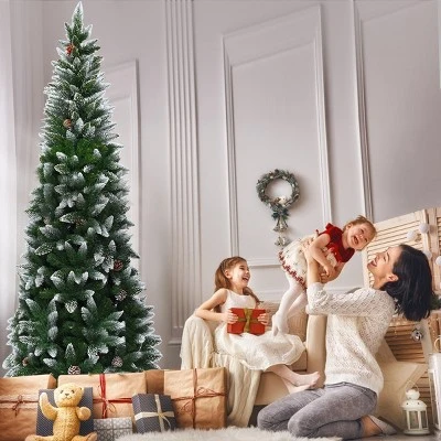 Tangkula 6FT Artificial Pencil Christmas Tree Snow Flocked Tree w/ Pine Cones and Metal stand 4 Tangkula 6FT Artificial Pencil Christmas Tree Snow Flocked Tree w/ Pine Cones and Metal stand - Image 2