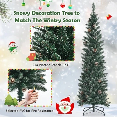 Tangkula 5/6/7FT Slim Pencil Tree Snowy Artificial Christmas Tree with 214/267/351 PVC Branch Tips & 25/31/41 Pine Cones Full Holiday Decoration Tree for Xmas 4 Tangkula 5/6/7FT Slim Pencil Tree Snowy Artificial Christmas Tree with 214/267/351 PVC Branch Tips & 25/31/41 Pine Cones Full Holiday Decoration Tree for Xmas - Image 2