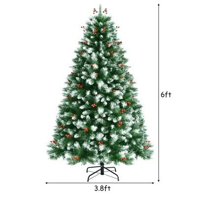 Costway 6ft Unlit Hinged Artificial Christmas Tree w/Snow Flocked Tips and Red Berries 5 Costway 6ft Unlit Hinged Artificial Christmas Tree w/Snow Flocked Tips and Red Berries - Image 3