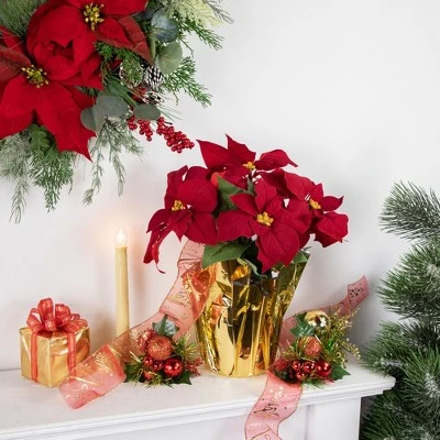 Northlight 16" Red Artificial Christmas Poinsettia Arrangement with Gold Wrapped Pot 2 Northlight 16" Red Artificial Christmas Poinsettia Arrangement with Gold Wrapped Pot