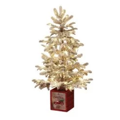 LuxenHome 4Ft Pre-Lit LED Artificial Flocked Fir Christmas Tree with Red Wood Square Planter -Outlet Xmas Decor Tree Store GUEST b3324190 c37b 4e3a 8621 11e97fdfa632