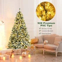 Tangkula 6FT Snow Flocked Artificial Christmas Hinged Tree Pre-lit Artificial Xmas Full Tree with 928 Branch Tips -Outlet Xmas Decor Tree Store GUEST b442bf34 a270 467d 8e8e 2746805559f1