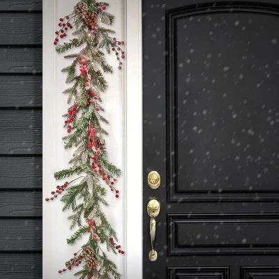 HGTV Home Collection 9ft Pre Lit Artificial Christmas Garland, Snow-dusted Branch Tips, Decorated with Pinecones, Berries, and Bow 3 HGTV Home Collection 9ft Pre Lit Artificial Christmas Garland, Snow-dusted Branch Tips, Decorated with Pinecones, Berries, and Bow
