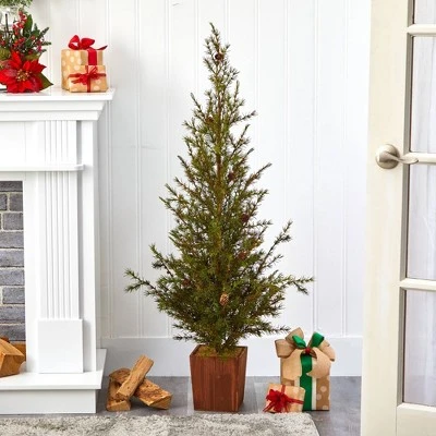 4ft Nearly Natural Unlit Alpine with Pinecones Artificial Christmas Tree in Wood Planter 4 4ft Nearly Natural Unlit Alpine with Pinecones Artificial Christmas Tree in Wood Planter - Image 2