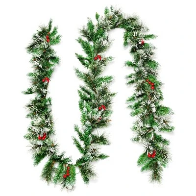 Costway 9ft Pre-lit Christmas Garland w/ Snow Flocked Tips Red Berries 50 Lights & Timer 11 Costway 9ft Pre-lit Christmas Garland w/ Snow Flocked Tips Red Berries 50 Lights & Timer - Image 9