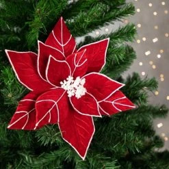 Northlight 20" Red and White Velvet Glittered Poinsettia Christmas Stem Spray