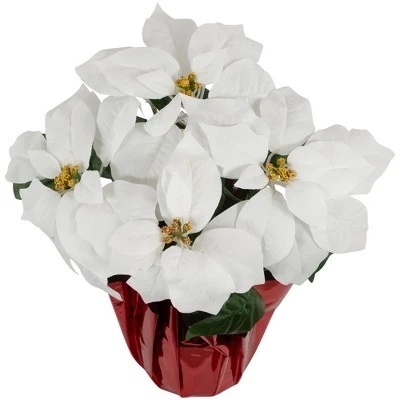 Northlight 14.5" White Artificial Christmas Poinsettia with Red Wrapped Base 5 Northlight 14.5" White Artificial Christmas Poinsettia with Red Wrapped Base - Image 3