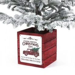 LuxenHome 4Ft Pre-Lit LED Artificial Flocked Fir Christmas Tree with Red Wood Square Planter -Outlet Xmas Decor Tree Store GUEST ba7d005b 0be4 4a2d 86d7 c44831b86c58