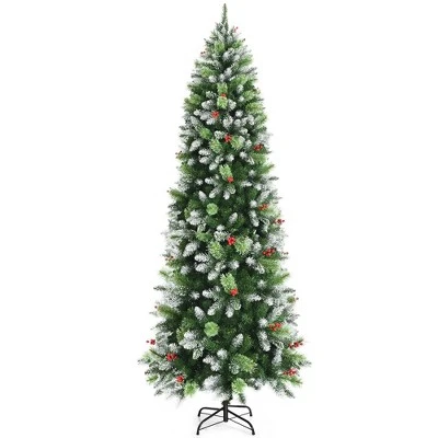 Costway 5ft6ft7.5ft Unlit Snowy Hinged Artificial Christmas Pencil Tree w/ Red Berries 13 Costway 5ft6ft7.5ft Unlit Snowy Hinged Artificial Christmas Pencil Tree w/ Red Berries - Image 11