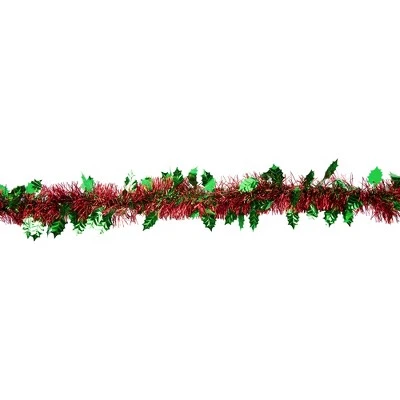 Northlight 12' x 4" Unlit Shiny Red Tinsel with Green Holly Leaves Christmas Garland 5 Northlight 12' x 4" Unlit Shiny Red Tinsel with Green Holly Leaves Christmas Garland - Image 3