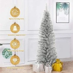 Tangkula 6'Silver Slim Pencil Tree Tinsel Unlit Christmas Tree Artificial 520 Branch Tip