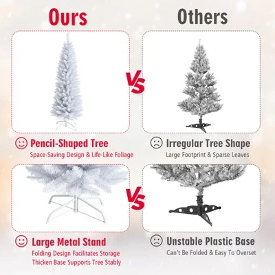 Tangkula Life-Like Slender White Christmas Tree Artificial Pencil Unlit Xmas Tree W/ Folding Metal Stand & Durable PVC 6 Tangkula Life-Like Slender White Christmas Tree Artificial Pencil Unlit Xmas Tree W/ Folding Metal Stand & Durable PVC - Image 4