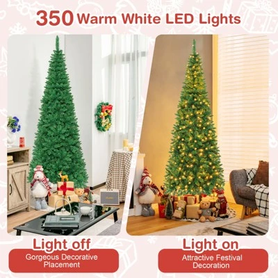 Tangkula 7.5ft Pencil Christmas Tree Pre-Lit Hinged Artificial Decoration w/ 350 Warm White Lights 6 Tangkula 7.5ft Pencil Christmas Tree Pre-Lit Hinged Artificial Decoration w/ 350 Warm White Lights - Image 4