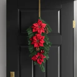 28" Pine and Poinsettia Flowers with Pinecones and Red Ornaments Artificial Christmas Swag - Wondershop™