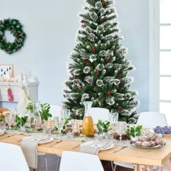 Costway 8 ft Snow Flocked Artificial Christmas Hinged Tree w/ Pine Needles & Red Berries -Outlet Xmas Decor Tree Store GUEST cd59e1b9 f7a4 4a66 8b83 c112968dbc98
