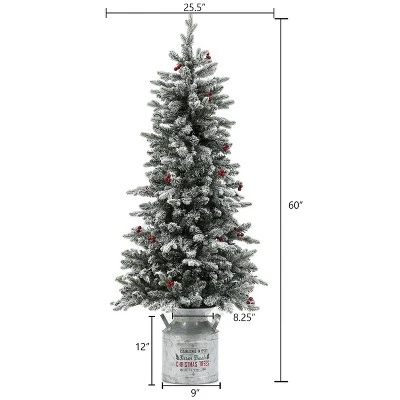 LuxenHome 5ft Pre-Lit LED Artificial Flocked Slim Fir Christmas Tree with Metal Pot and Red Holly Berries 8 LuxenHome 5ft Pre-Lit LED Artificial Flocked Slim Fir Christmas Tree with Metal Pot and Red Holly Berries - Image 6