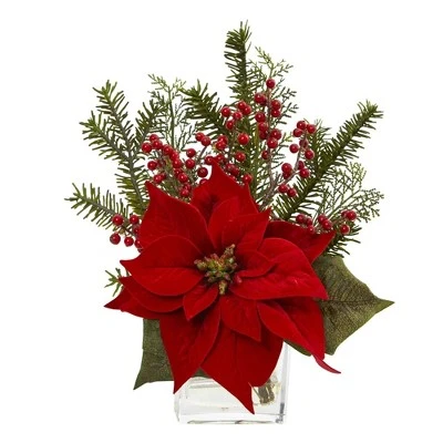 Nearly Natural 14-in Poinsettia, Pine and Berries in Vase Artificial Arrangement 3 Nearly Natural 14-in Poinsettia, Pine and Berries in Vase Artificial Arrangement