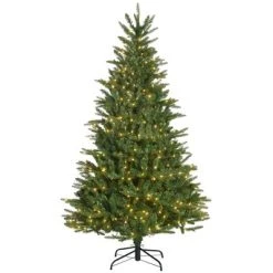 HOMCOM 6ft Prelit Artificial Christmas Tree Holiday Decoration with Warm Yellow Clear Lights, Auto Open, Wide Shape, Extra Bulb -Outlet Xmas Decor Tree Store GUEST d1e0505d 6540 40a1 8366 faf5c564729b