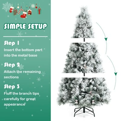 Costway 6ft Artificial Christmas Tree, Snow Flocked Hinged Xmas Tree w/ Pine Needles, Red Berries, Pine Cones & Metal Base 11 Costway 6ft Artificial Christmas Tree, Snow Flocked Hinged Xmas Tree w/ Pine Needles, Red Berries, Pine Cones & Metal Base - Image 9