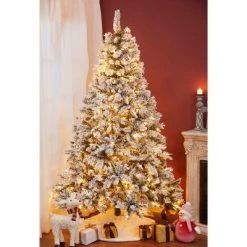 LuxenHome 7ft Pre-Lit LED Artificial Flocked Full Pine Christmas Tree with Pine Cones