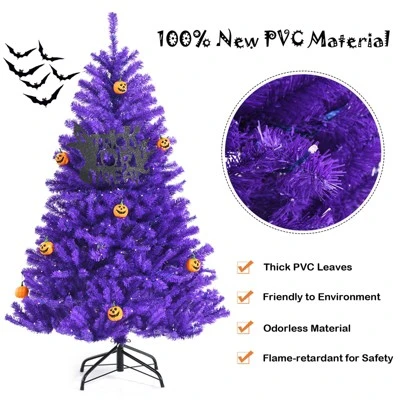 Tangkula Artificial Purple Christmas Tree, Prelit Purple Halloween Tree w/ Orange LED Lights & Pumpkin Ornaments 6 Tangkula Artificial Purple Christmas Tree, Prelit Purple Halloween Tree w/ Orange LED Lights & Pumpkin Ornaments - Image 4