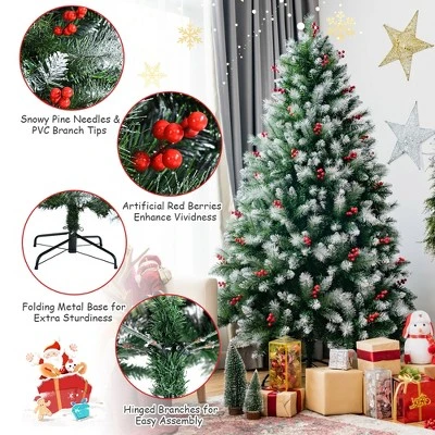 Costway 6ft Unlit Hinged Artificial Christmas Tree w/Snow Flocked Tips and Red Berries 9 Costway 6ft Unlit Hinged Artificial Christmas Tree w/Snow Flocked Tips and Red Berries - Image 7