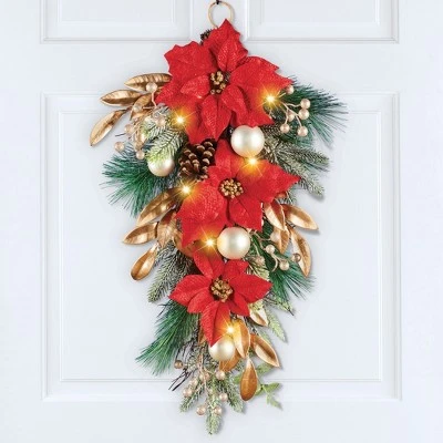 Collections Etc. Collections Etc LED Lighted Poinsettia with Gold Leaves Swag 3 Collections Etc. Collections Etc LED Lighted Poinsettia with Gold Leaves Swag