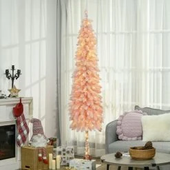 HOMCOM Pencil Prelit Artificial Christmas Tree Holiday Decoration with Snow Flocked Branches, Warm White LED Lights, Downswept Shape, Pink -Outlet Xmas Decor Tree Store GUEST daecc536 6434 4449 bf29 dade83d25dfd