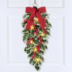 Collections Etc. Collections Etc LED Lighted Holly Festive Hanging Swag with Bow
