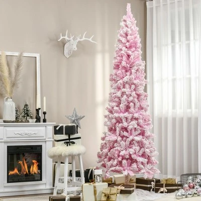 HOMCOM 7.5' Tall Unlit Snow Flocked Artificial Christmas Tree Slim Pencil Xmas Tree with Pine Shape and Realistic Branches, Pink 3 HOMCOM 7.5' Tall Unlit Snow Flocked Artificial Christmas Tree Slim Pencil Xmas Tree with Pine Shape and Realistic Branches, Pink