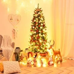 Costway 6Ft Pre-lit Artificial Pencil Christmas Tree Hinged Fir PVC Tree /250 LED Lights