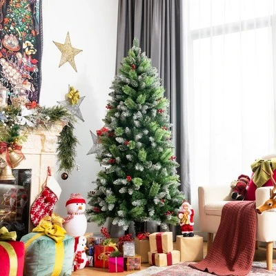 Costway 5ft6ft7.5ft Unlit Snowy Hinged Artificial Christmas Pencil Tree w/ Red Berries 11 Costway 5ft6ft7.5ft Unlit Snowy Hinged Artificial Christmas Pencil Tree w/ Red Berries - Image 9