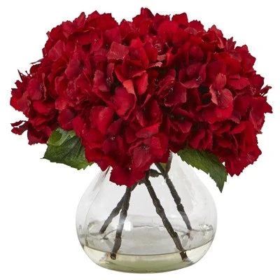 Nearly Natural 8.5-in Red Hydrangea Silk Flower Arrangement with Glass Vase 3 Nearly Natural 8.5-in Red Hydrangea Silk Flower Arrangement with Glass Vase