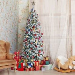 Yaheetech Flocked Pencil Artificial Christmas Tree Snow Frosted Christmas Tree, Green