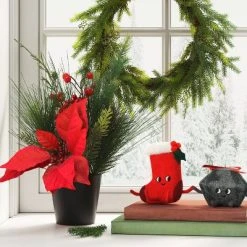 14" Potted Poinsettia Flower and Mixed Greenery with Berries Christmas Artificial Plant Arrangement - Wondershop™