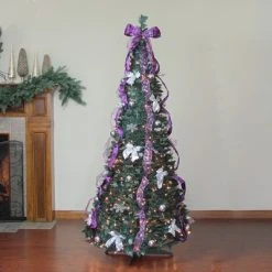 Northlight 6' Artificial Christmas Tree Prelit Purple and Silver Decorated Pop-Up - Clear Lights